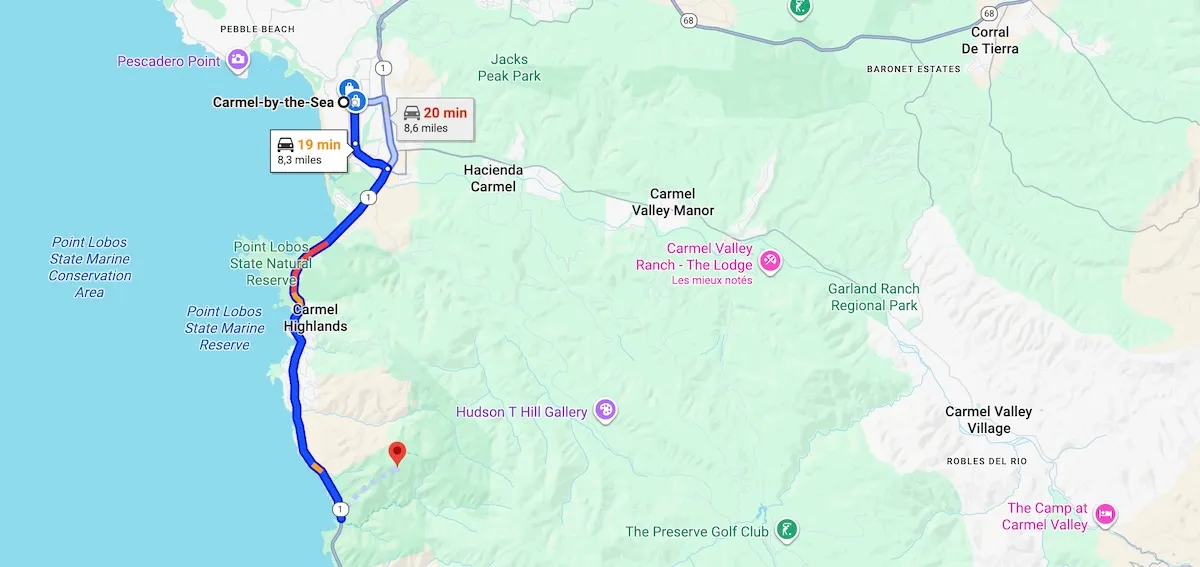 About a 20-minute drive south, between Carmel-by-the-Sea and Garrapata State Park 