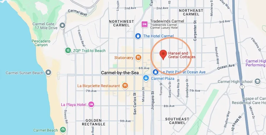 On the city map, the streets where you will find the most cottages in Carmel by the Sea